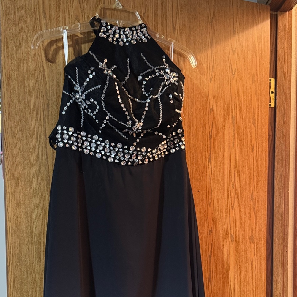Ombré Black and Blue Halter Dress with Silver Embellishments